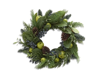 30 Inch Real Touch Mixed Pine& Magnolia Leaf Christmas Wreath with Berries Green Apples