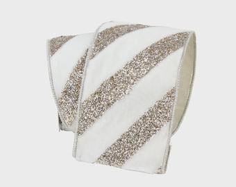 4inch White Velvet Ribbon Gold Glitter Stripes ~ Wired ~ 5 Yards