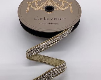 3/4 Inch Clear Crystal Diamond Wired Ribbon Trim Garland ~ 5 yards ~ Diamond Ribbon with Gold Stitching
