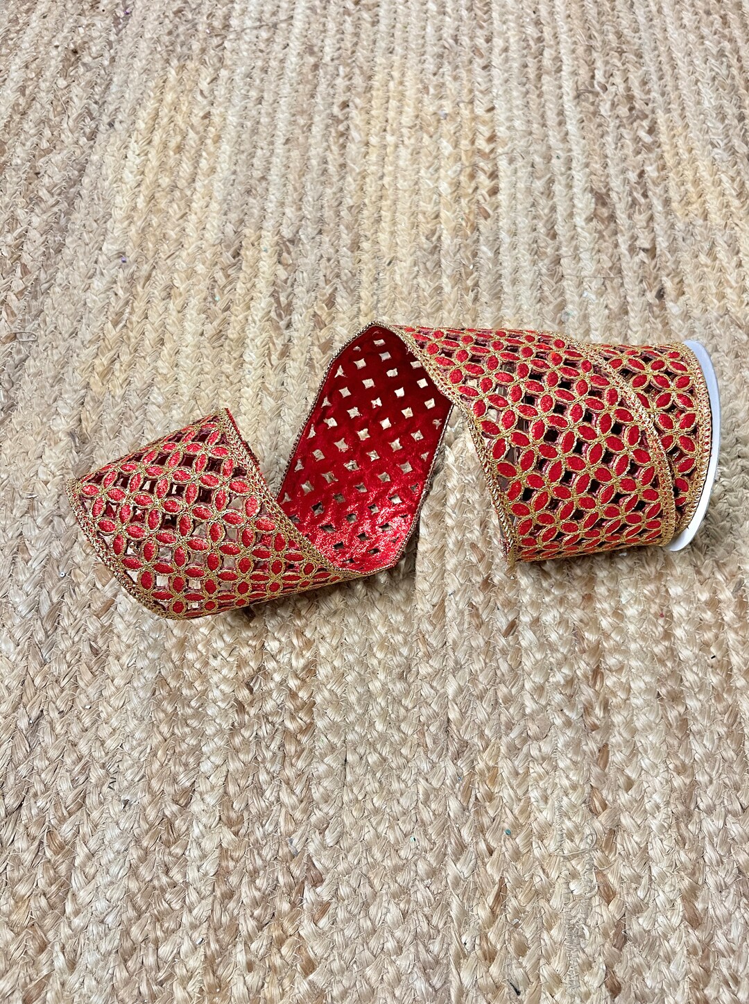 4 Inch Ruby Red Laser Cut Flowers With Gold Embroidery Ribbon 5 Yards ...