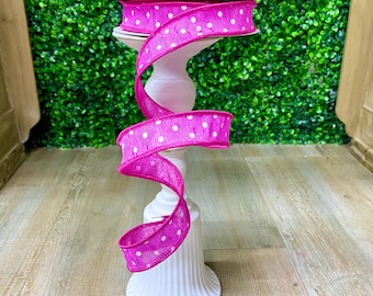 1 Inch Hot Pink & White Polka Dat Ribbon ~ 10 Yards ~ Wired