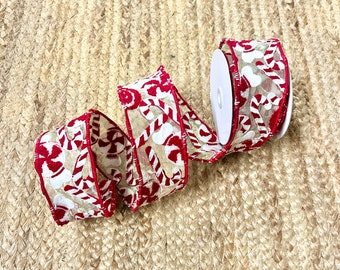 2.5 inch Candy Cane Embroidered Ribbon ~ Wired ~ 5 yards