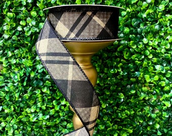 1.5 inch Black and Cream Plaid 10 yards