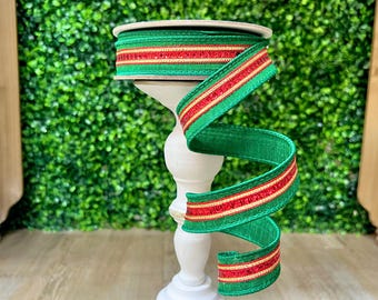 2,5 cm breed rood en smaragdgroen glitterlint ~ met ijzerdraad ~ 10 meter