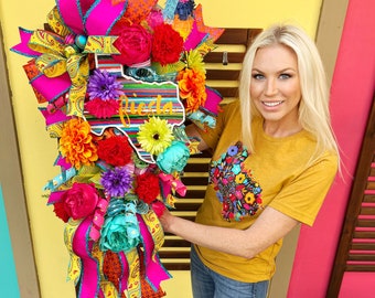 Fiesta Wreath for Front Door, Cinco De Mayo Decor, Fiesta Wedding Shower, Mexican Theme Shower, Southwestern Party Decor, Housewarming gift