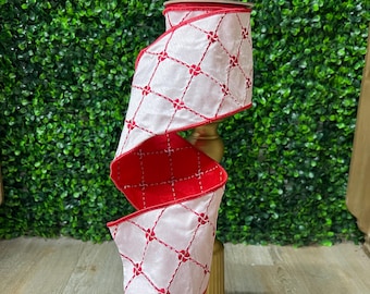 Peppermint Lattice Christmas Ribbon~ 4 inch ~ 5 yards ~ Wired ~ Farrisilk