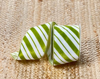 4 inch Bright Green & White Velvet Stripes ~ 10 yards ~ Wired