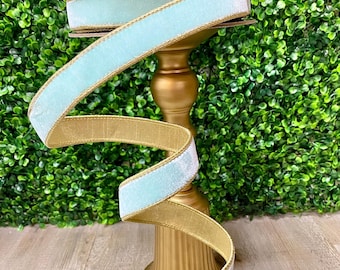 1 inch light blue & Gold Back  Ribbon - Wired - 10 yards