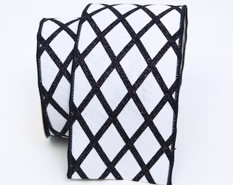 4” Black & White Glitter Lattice ~ 10 inch ~ Wired