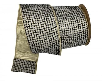 4 inch Black Gold Tweed  Ribbon with Gold Backing  ~ 10 yards ~ Wired