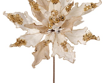 Ivory and Gold Jeweled Poinsettia Stem ~ 24 inch, Ivory Poinsettia Spray, Poinsettia for Christmas Tree, Jeweled Poinsettia Stem