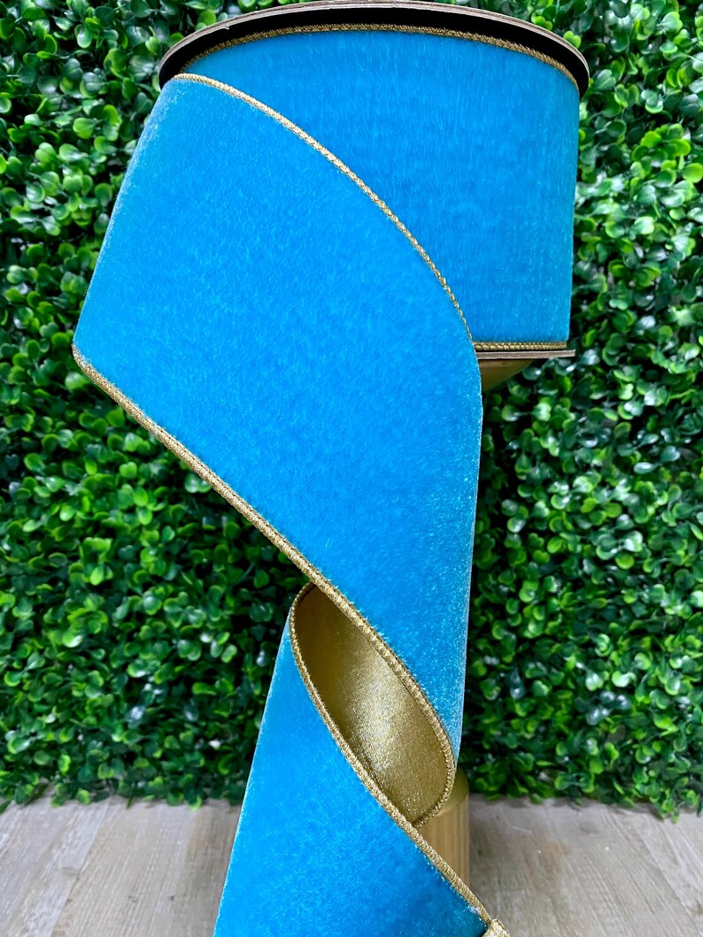 4” Bright Blue Velvet Ribbon W/ Gold Backing~ Blue Moon Velvet Ribbon ...