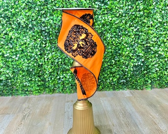 4 inch Orange w/ Black Velvet Glitter Skull ~ 5 YARDS ~ Wired
