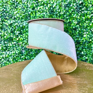 4” Mint Lush Velvet Ribbon w/ Gold Backing~ Velvet Ribbon ~ Wired ~ 10 yards