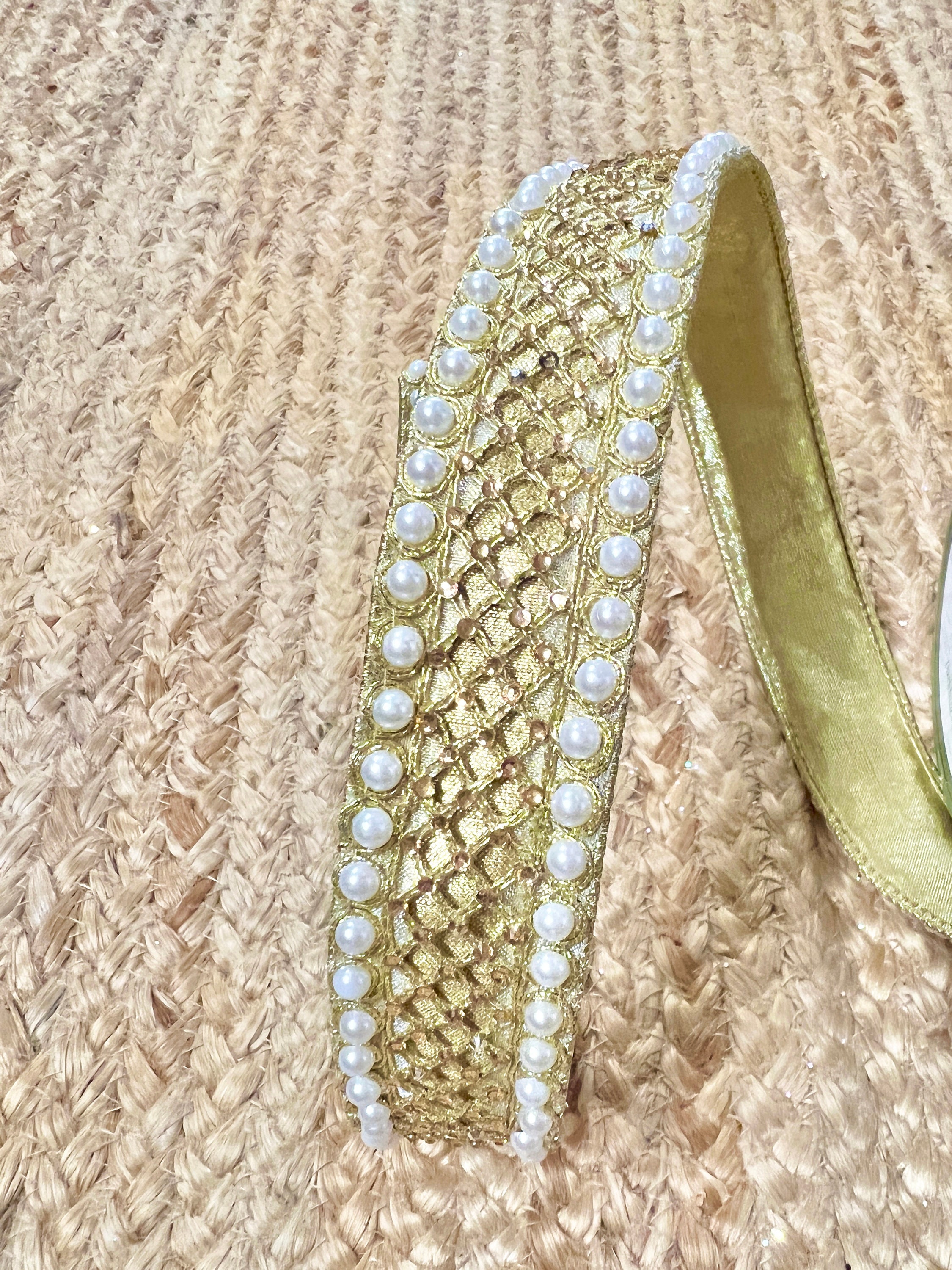 1.5 Gold Pearl and Jewel Embellished Ribbon 5 yards Wired