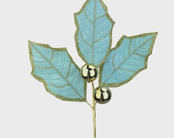 Mint Green Holly Leaves w/ Gold Trim Spray - 30 inch