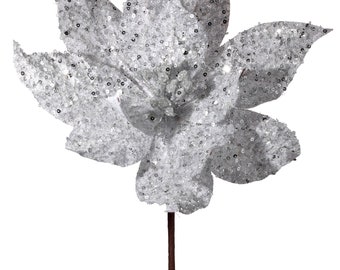 Silver Glitter Poinsettia Stem - 24 inch