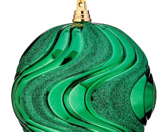Box of 3 Green Glittered Rippled Ball Ornament - 5 Inch