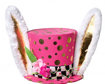 Pink with Gold Polka Dot Bunny Top Hat ~ 8 in tall x 10 in wide