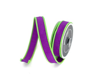1 inch Purple & Lime 2- Tone Halloween Cord  Ribbon - Farrisilk - Wired - 10 yards