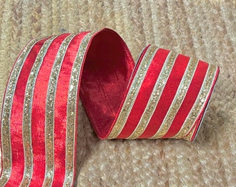 4 Inch Red and Gold Chunky Glitter Stripes ~ Wired ~ 5 yards