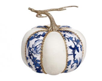 Mark Roberts Blue Chinoiserie Toile and White Velvet Pumpkin with Diamonds 8 inch - WIDE