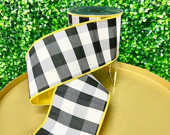 4 inch  Black & White Check Plaid w/ Yellow Back~ 10 yards ~ Wired