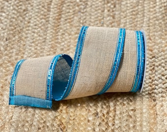 4 inch Burlap with Blue Sequin Trim ~ 10 yards ~ Wired