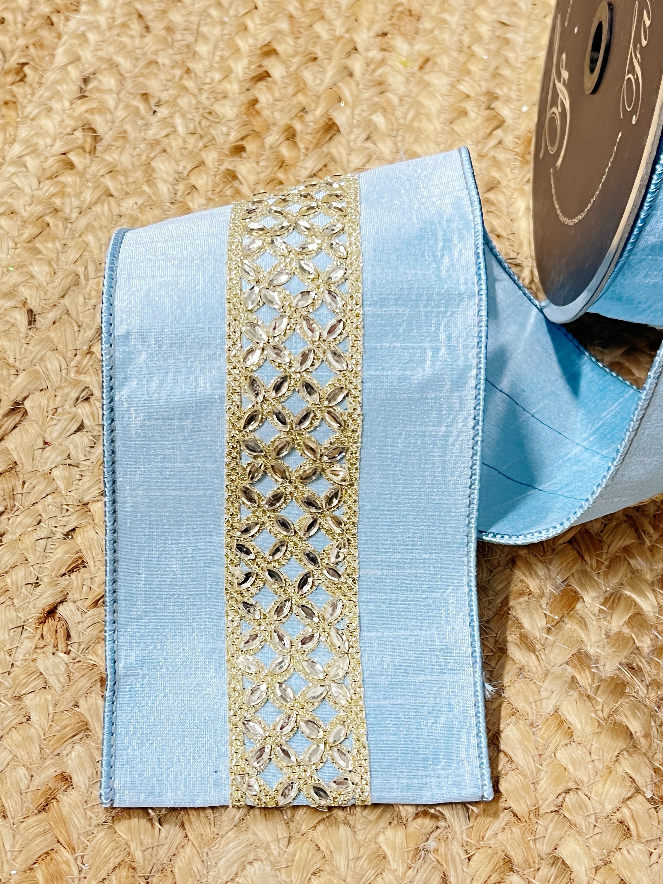 Farrisilk Luxury 1.25 x 5 yd Pear Shaped Jewels in Dusty Blue Wired Ribbon