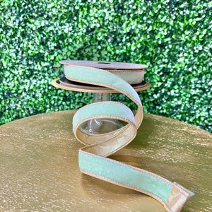 1 inch Mint Lush Velvet Ribbon w/ Gold Backing~ Velvet Ribbon ~ Wired ~ 10 yards