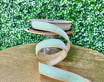1 inch Mint Lush Velvet Ribbon w/ Gold Backing~ Velvet Ribbon ~ Wired ~ 10 yards