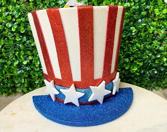 Ornament Glitter Star Stripe Half Top Hat H7.5xW9xL4.5