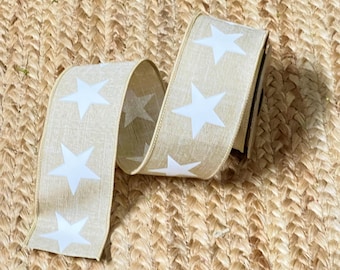 2.5 inch D Steven’s White Stars on Burlap Ribbon ~ 10 yards ~ Wired