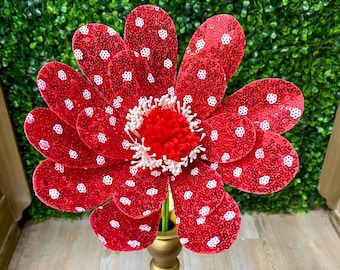 Sequin Red and White Polka Dot Daisy Spray - 28 inches