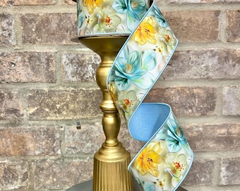 2.5 inch Blue Watercolor Floral Ribbon  ~ 10 yards ~ Wired ~ No Two Alike