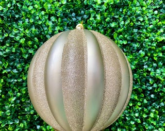 8 inch Champagne and Glitter Striped Textured Ball Ornament  - Large