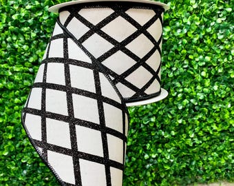 4” Black & White Glitter Lattice ~ 10 inch ~ Wired