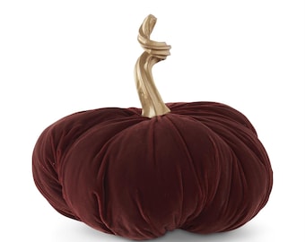 Maroon Burgundy Velvet Pumpkin W/ Gold Twisted Stem ~ 10 Inch