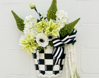 Everyday Floral Door Hanger, Black and White Checkered Door Hanger, Year Round Front Door Decor with White and Green Florals