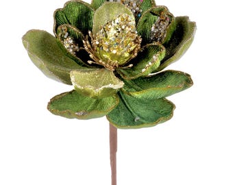 Olive Green Jeweled Magnolia Stem ~ 27.5 Inch
