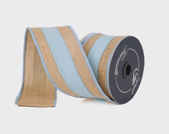 2.5 Inch Light Blue Burlap Boarders Ribbon ~ 10 Yards ~ Wired