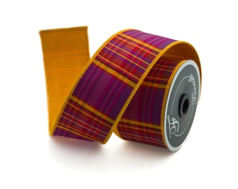 2.5 inch Purple and Orange Plaid Ribbon ~ 10 yards ~ Wired ~ Farrisilk Candy Corn Plaid Ribbon