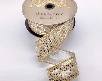 1.5 Inch Gold with Silver Metallic Flash Sequins Ribbon ~ Wired ~ 10 Yards