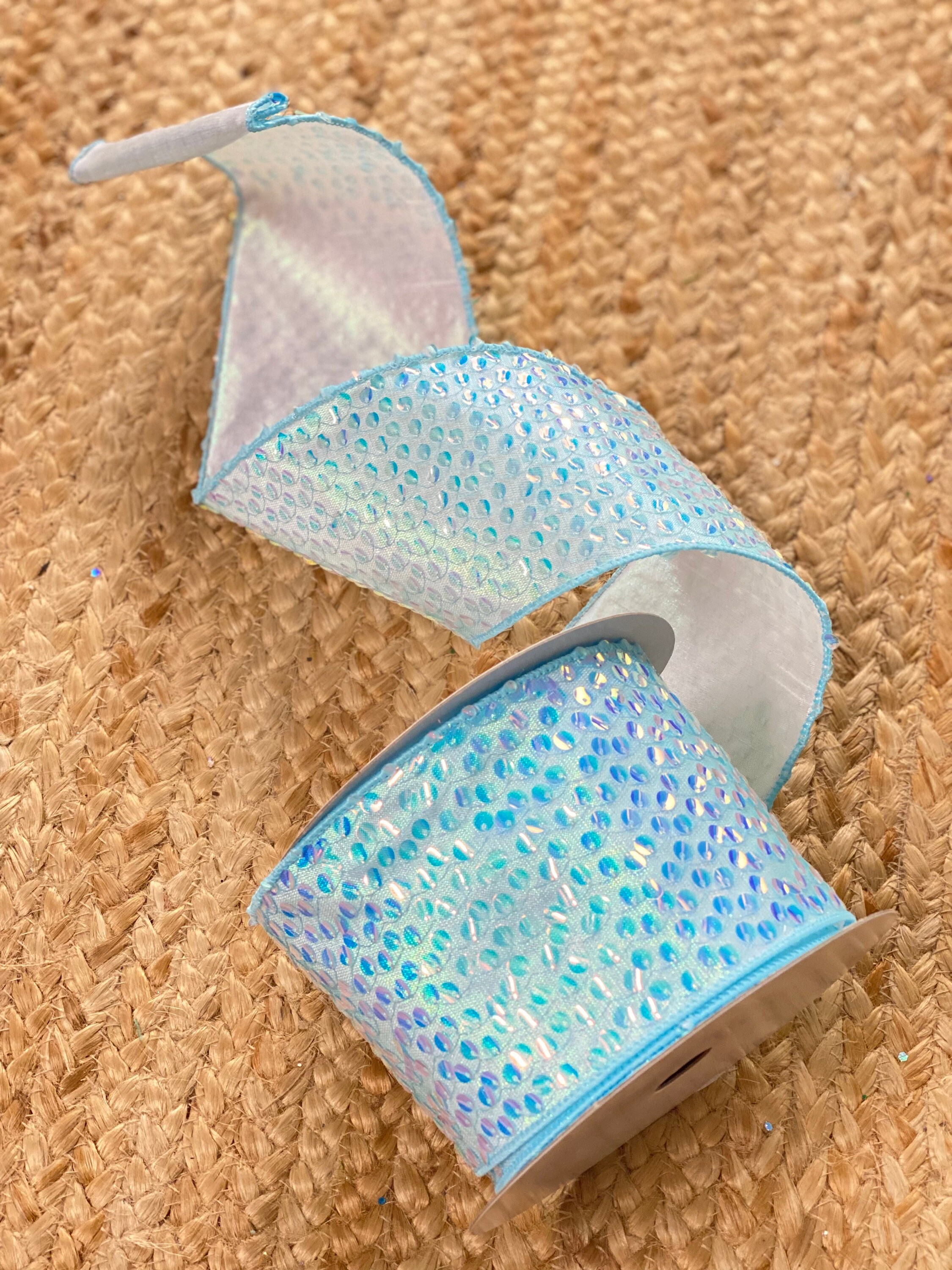 4” Aqua Blue Sequin Ribbon 10yards Wired