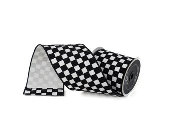 4 inch Black and White Flocked Retro Checks Ribbon- Farrisilk-  10 yards - Wired