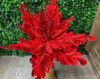 Red Velvet Fancy Floral Poinsettia Stem-16 inch diameter