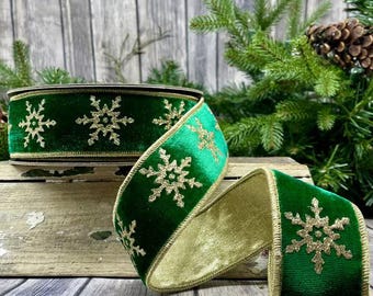 2 Inch Emerald Green Velvet Ribbon with Gold Glitter Snowflake ~ 10 Yards ~ Wired