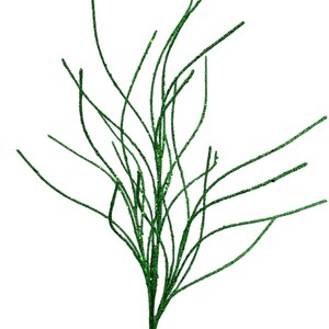 May include: A green glittery decorative stem with multiple thin, curved branches. The stem is a dark green color, and the branches are covered in green glitter. The background is plain white.