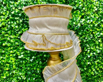 4” Sheer Ivory Ribbon W/ Ruffles and a Gold Trim - 10 yds