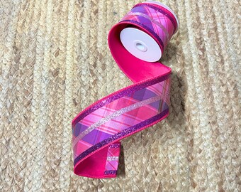 2.5 inch Pink & Purple Plaid Ribbon ~ 5 yards ~ Wired